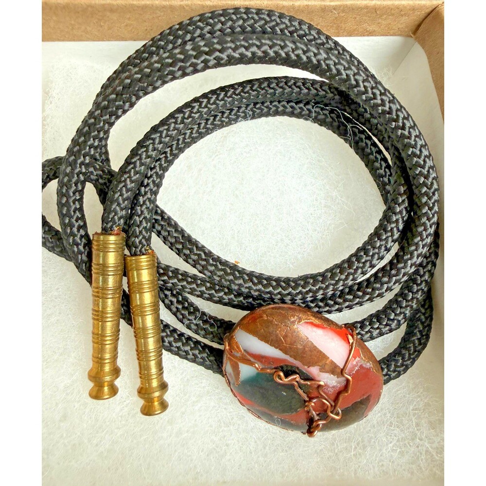 Rustic Artisan Copper Wire Wrap Multicolor Agate Jasper Like Cabochon Bolo Tie